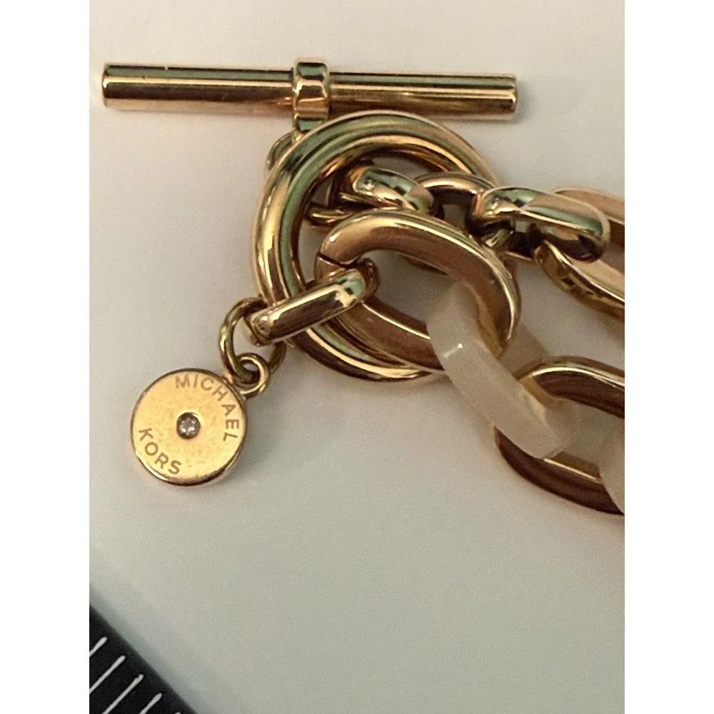 Michael Kors Gold Padlock Charm Toggle Bracelet Pink Acetate Chunky Chain Unique